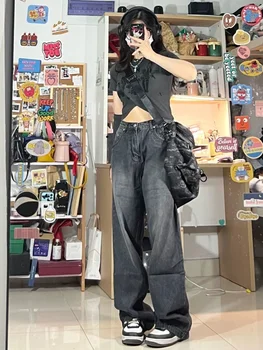 Deeptown Vintage Y2K Siyah Kot Kadın Baggy Yüksek Waiste Kot Geniş Bacak Denim Pantolon Kore Streetwear Retro Grunge Büyük Boy