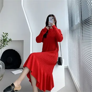 Sonbahar Kış Yeni Büküm Örgü Kazak Elbise Kore Düz Renk O-Boyun Gevşek Rahat Moda Sıcak giyim Artı Boyutu 6XL N75
