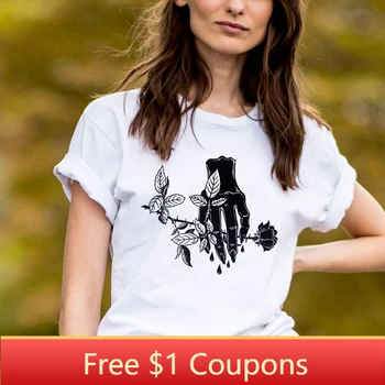 Tumblr Yaz Tarzı tshirt Kadınlar Gotik Baskı sıfır yaka bluzlar ve Tees Artı Boyutu Beyaz Gömlek Kadın Giysileri