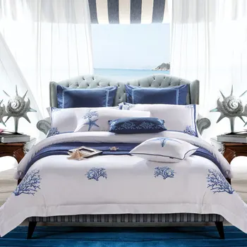 Mavi Nakış Beyaz Yorgan yatak örtüsü seti Premium Mısır Pamuk İpeksi yumuşak yatak seti Derin Cep çarşaf Süper / USKing Kraliçe