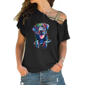Yaz Sevimli Labrador retriever Severler Tasarım Baskı Komik T Shirt Kadın Kısa kollu Gevşek Düzensiz Eğik Çapraz Bandaj Üstleri Tee