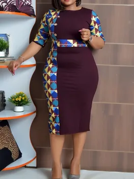 Afrika Baskılı Elbise Kadınlar İçin Büyük Boy Afrika Elbise O Boyun 3/4 Kollu Casual Bayanlar Midi Elbise Vestido Feminino Elbise