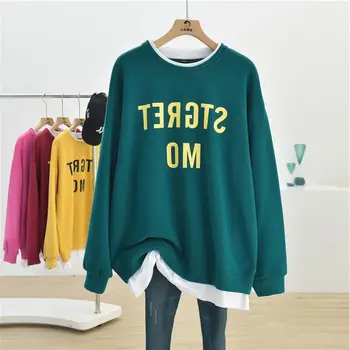 Rahat Patchwork Gevşek T Shirt İlkbahar Sonbahar Uzun Kollu O-Boyun Mektup Baskı Sahte İki parçalı Üstleri Moda Vintage Kadın Giyim