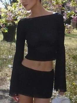 Kadın Yaz Gömme Kırpma Üstleri Siyah Uzun Kollu Aç Geri Slim Fit kısa tişört