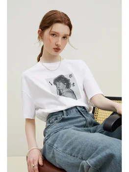 FSLE Yuvarlak Boyun Damla Kollu Kadın Gevşek 2023 Yaz T-Shirt Tedavi Baskı Tasarım Kadın Beyaz Tees Pamuk Kadın Düz T-Shirt