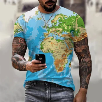 2023 Yeni Dünya haritası 3D Baskı kısa kollu tişört Yuvarlak Boyun Moda Rahat erkek tişört Üst