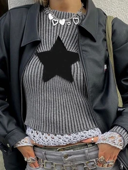 Bayan Grunge Yıldız Baskı Uzun Kollu Üst Tee Crewneck Tığ Triko Tops Estetik T-shirt Y2k 90s E-kızlar Streetwear