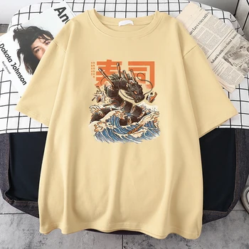 Suşi Ejderha Saldırı Deniz Yüzeyi Erkekler Tshirt Harajuku Moda Kısa Kollu Moda Grafik Elbise Rahat Vintage Giyim