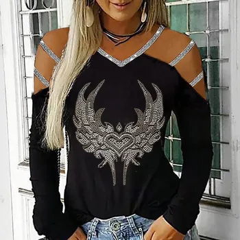 Kadınlar Hollow Out T Shirt Casual Tops Moda V Boyun Uzun Kollu Kalp Çivili Tee Gömlek Streetwear Giyim Kadın Bluz 2023