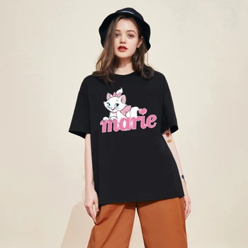 Disney Marie Kedi Sevimli Kadın Kawaii Gömlek Tops Yaz Rahat Büyük Boy T-Shirt Ulzzang Streetwear Harajuku Kısa Kollu Gömlek