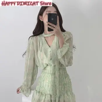 Mini çiçekli elbiseler Kore Yaz Vintage Fransız Baskı Uzun Kollu şifon elbise Kadınlar için V Yaka A-line Kat Yeşil Seksi Bodycon
