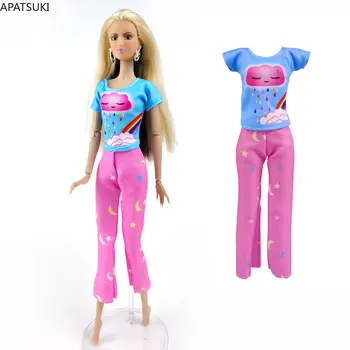 Pembe Mavi Moda Giyim Seti barbie bebek Kıyafetler 1/6 Bebek Aksesuarları Tişört Üst Pantolon Pantolon Oyuncaklar Çocuklar İçin