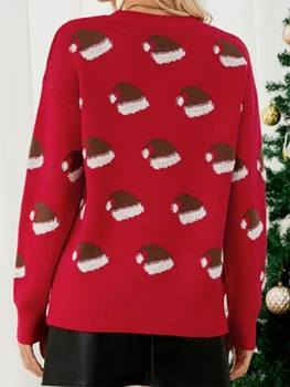 Kadın Noel rahat örgü kazak kırmızı uzun kollu Crewneck Noel şapka baskı triko