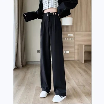 Rahat Moda Geniş Bacak Pantolon 2023 Siyah Takım Elbise Pantolon Yaz Bahar Kadın Giyim Yeni Yüksek Bel Vahşi Düz Pantolon Vintage