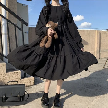 Japon Harajuku Siyah Midi Elbise Kadınlar için Kolej Tarzı Bandaj Vintage Kawaii Punk Ruffles Uzun Kollu Baggy Gotik Elbiseler