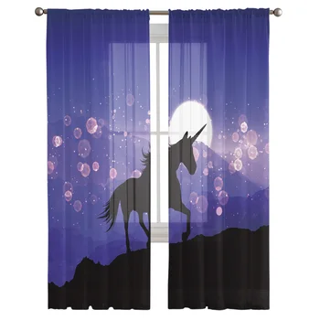 Mor Fantezi Güzel Vahşi Atlar Karikatür Sırf Pencere Perdeleri Oturma Odası Yatak Odası için Kız Odası Dekorasyon Tül Perdeler