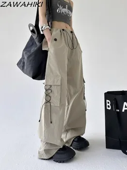 Kargo Pantolon Japon Vintage Gevşek Düz Renk Geniş Bacak Düz Şık Tasarlanmış Sweatpants Rahat İpli Kore Modası
