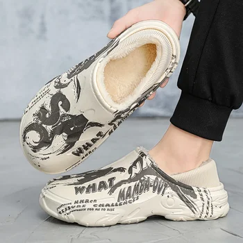Kış Rahat Kürk Terlik Erkekler için Artı Kadife Modeli Sıcak Tutmak Rahat Kapalı pamuklu ayakkabılar üzerinde Kayma Takunya Yarım Slaytlar Sandalet