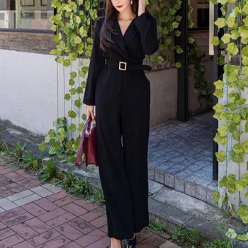 Kadın Sonbahar Kore Yeni Takım Elbise Yaka Tulum Moda Zarif Lüks Zarif Bel Cepler Uzun Kollu Geniş Bacak Pantolon