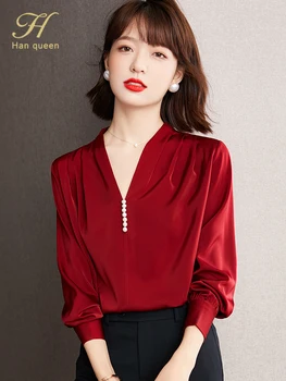 H Han Kraliçe Sonbahar Zarif V Yaka Vintage şifon bluz Kadın Gömlek Ofis Üstleri Uzun Kollu Casual Blusas Kadınlar Gevşek Bluzlar