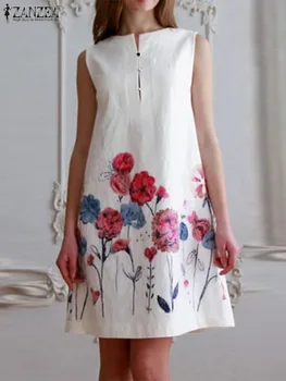 ZANZAN Yaz Zarif Çiçek Baskılı Elbise Kadın Moda Parti Elbiseler Kolsuz O-boyun Tankı Elbise Rahat Tatil Sundress 2023