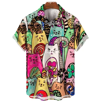 Anime Kedi Baskı Yaz Moda Rahat Hawaii Kısa Kollu Gömlek Pürüzsüz Üstleri Lüks Harajuku Y2k Zarif Büyük Boy Giyim