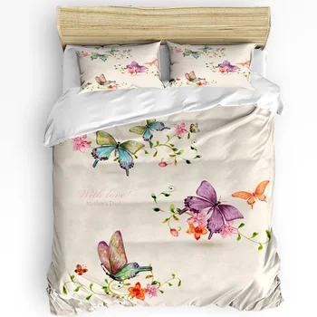 Kelebek Çiçekler Vintage Stil Anneler Günü nevresim takımı 3 adet Nevresim Yastık Kılıfı Nevresim Çift yatak takımı Ev Tekstili