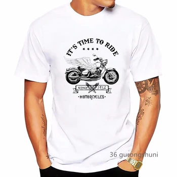 Motosiklet Sürme Zamanı Serin Bisiklet Grafik Baskı Erkek Tişörtleri Yaz Moda Hip Hop Erkek Tişört Beyaz Kısa Kollu Üstleri