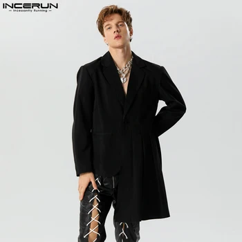 INCERUN Erkekler Düzensiz Blazer Pilili Katı Yaka Uzun Kollu Streetwear Casual Takım Elbise Erkek Sonbahar 2023 Bir Düğme Erkek Mont S-5XL