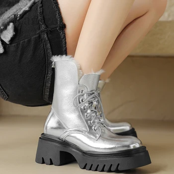 Kanseet kısa çizmeler Kadınlar İçin 2023 Kış Sıcak Kürk Platformu bileğe kadar bot Yuvarlak Ayak Moda Hakiki Deri Yüksek Topuklu Ayakkabılar Gümüş