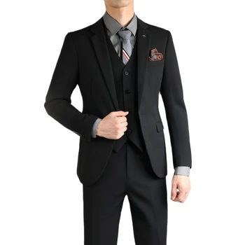 Lansboter Siyah Erkek Takım Elbise 3 Adet Set Slim Fit İş Rahat Düğün Ziyafet Profesyonel Takım Elbise Ceket Yelek Pantolon