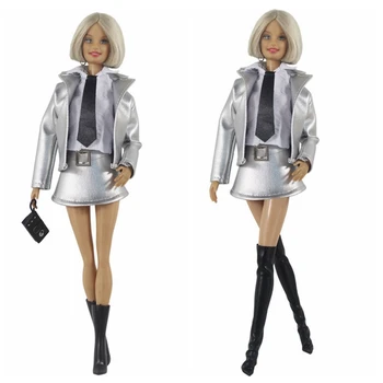 Moda Gümüş Deri Kısa Ceket Ceket Bluz Etek Çorap Çizmeler Giyim Seti barbie bebek Kıyafetler Barbie 1/6 Aksesuarları