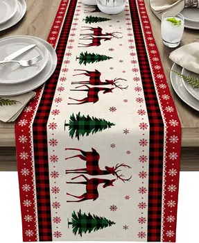 Noel Elk Noel Ağacı Keten Masa Koşucular Dresser Eşarp Mutfak Masa Dekor Kar Taneleri Masa Koşucular Navidad Dekorasyon