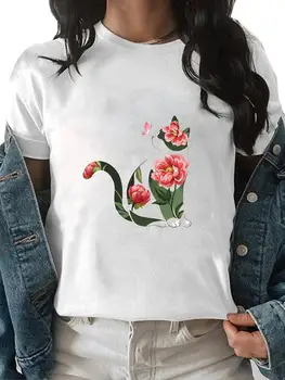 Kedi Çiçek Tatlı 90s Trend Giyim Kadın Yaz Kısa Kollu Tee Üst Kadın Moda Rahat Grafik T Shirt Baskı T-shirt