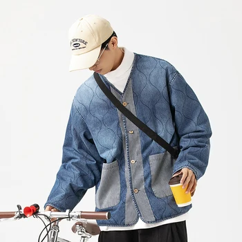 Sonbahar Kış Erkekler Kapitone Yakasız Pamuklu Denim Ceket Japon Kore Streetwear Vintage Gevşek Rahat Kargo Parkas Ceket