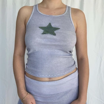 Musuos Nervürlü Örgü Kırpma Üstleri Kadın Retro Yıldız İşlemeli Kolsuz Lowcut Yuvarlak Yaka Slim fit Yelek Tankı Üstleri Y2K Streetwear