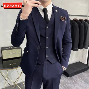 (takım elbise + kolsuz bluz + pantolon)erkek takım elbise Kore versiyonu bir düğme takım elbise üç parçalı set ile slim fit ve düz renk rahat tailcoat