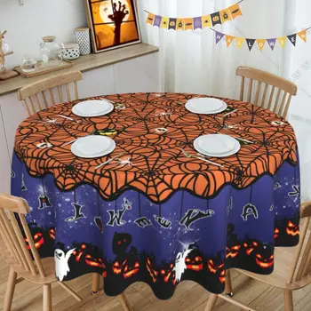 Cadılar bayramı Yuvarlak Masa Örtüsü 60 İnç Yıkanabilir Kabak Fenerler Örümcek Web Masa Örtüsü Mutfak Yemek Odası için Kapalı Açık Dekor