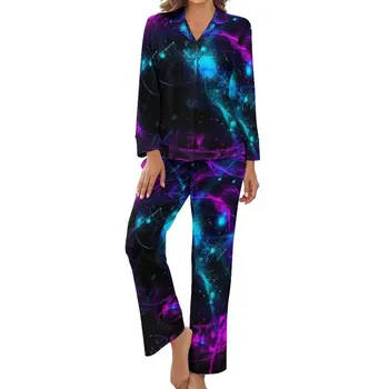 Neon Galaxy Pijama Uzun Kollu Mor Ve Mavi 2 Adet Ev Pijama Setleri Sonbahar Kadın V Boyun Romantik Kıyafeti