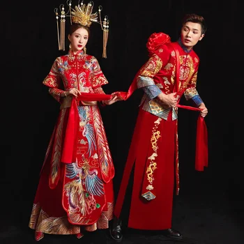 Kırmızı Çin Geleneksel Düğün kadın Elbise Xiuhe Cheongsam Uzun Qipao Nakış Oryantal Tarzı Çift Giyim Vestido Chino
