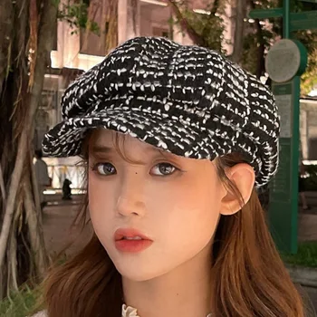 2024 Yeni Kadın Moda Bere Bahar Sonbahar Şerit Keçe Newsboy Şapka Kızlar İçin Ekose Vintage Sekizgen Şapka Sanatçı Ressam Şapka