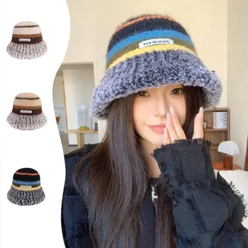 Kadın Sonbahar ve Kış Dopamin Retro Yeni Büyük Saçak Peluş Örme Kova Şapka Büyük Desen Güneşlik Sıcak Yün Örme Şapka