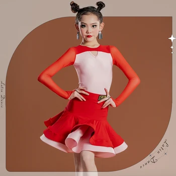 2023 Yeni Ulusal Standart Latin dans elbiseleri Kızlar Uzun Kollu Latin Dans Kostümleri Balo Salonu Dans Yarışması Giyim SL9426