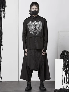 Çeşitli Giyim Siyah Gömlek Kişilik Moda Erkekler Koyu Yamamoto Tarzı Yapısöküm Sahte İki Gömlek
