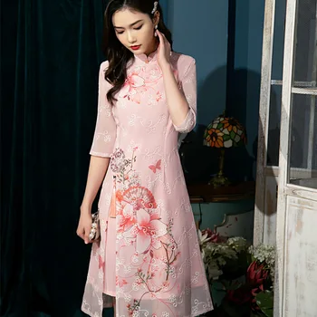 Zarif Orta uzunlukta Şifon Nakış Cheongsamn Çin Tarzı Akşam Elbise Zambak Ao Dai Geliştirilmiş Qipao Kadınlar için