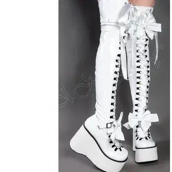 Beyaz Yay Düğüm Platformu serseri Çizmeler Çapraz Bağlı Takozlar yüksek Topuk Ayakkabı Kadınlar için Yuvarlak Ayak Düğün Ayakkabı 2023 Zapatos Para Mujere