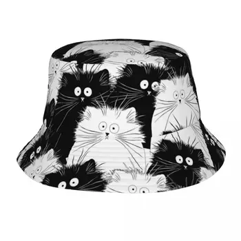 Kadın Kova Şapka Sevimli Kedi Siyah Beyaz Desen Yaz Plaj Şapkalar Packable Açık Spor Balıkçılık Balıkçı Kapaklar Boonie Şapka