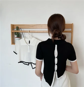Harajuku Örme Mahsul Tops Kadın Rahat Patchwork kısa kollu tişört Kore Hollow Out Tek Göğüslü Bluzlar Kadın 2023