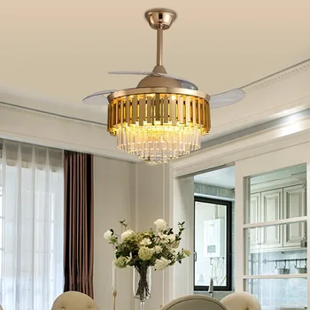 Modern Kristal Altın fan lambası Oturma Odası Yemek Odası Görünmez tavan vantilatörü fan lambası İskandinav Lüks Ev fan lambası Uzaktan Kumanda