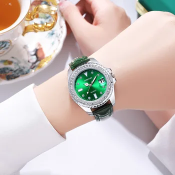 Moda İzle Casual saat Montre Homme İş Kadın quartz saat Takvim Spor Yeşil deri kayışlı kol saati Dropshipping